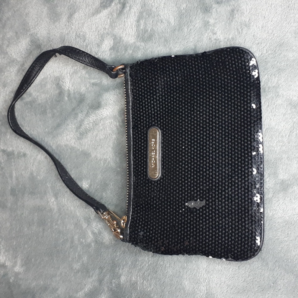 Michael Kors~Black Sequin & Leather Pouch with Wristlet